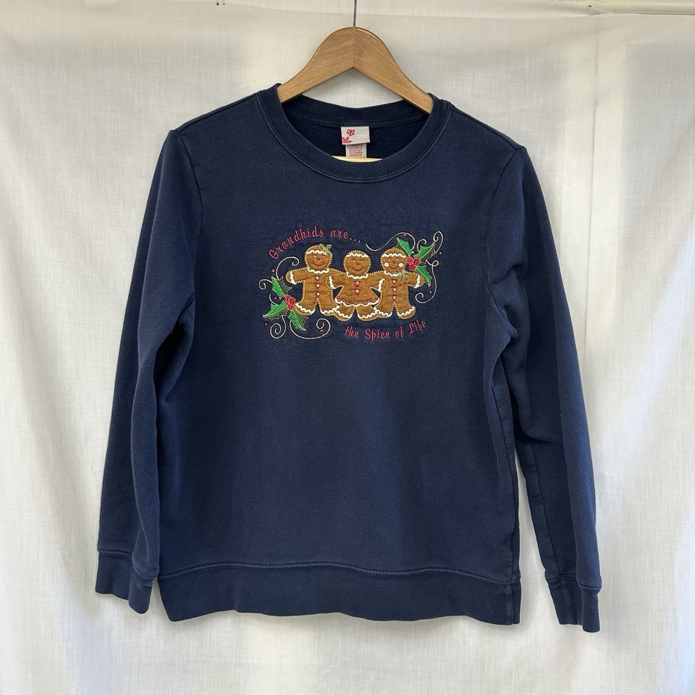 Vintage 90s Medium Christmas Gingerbread Grandma Crewneck Sweatshirt Navy Blue